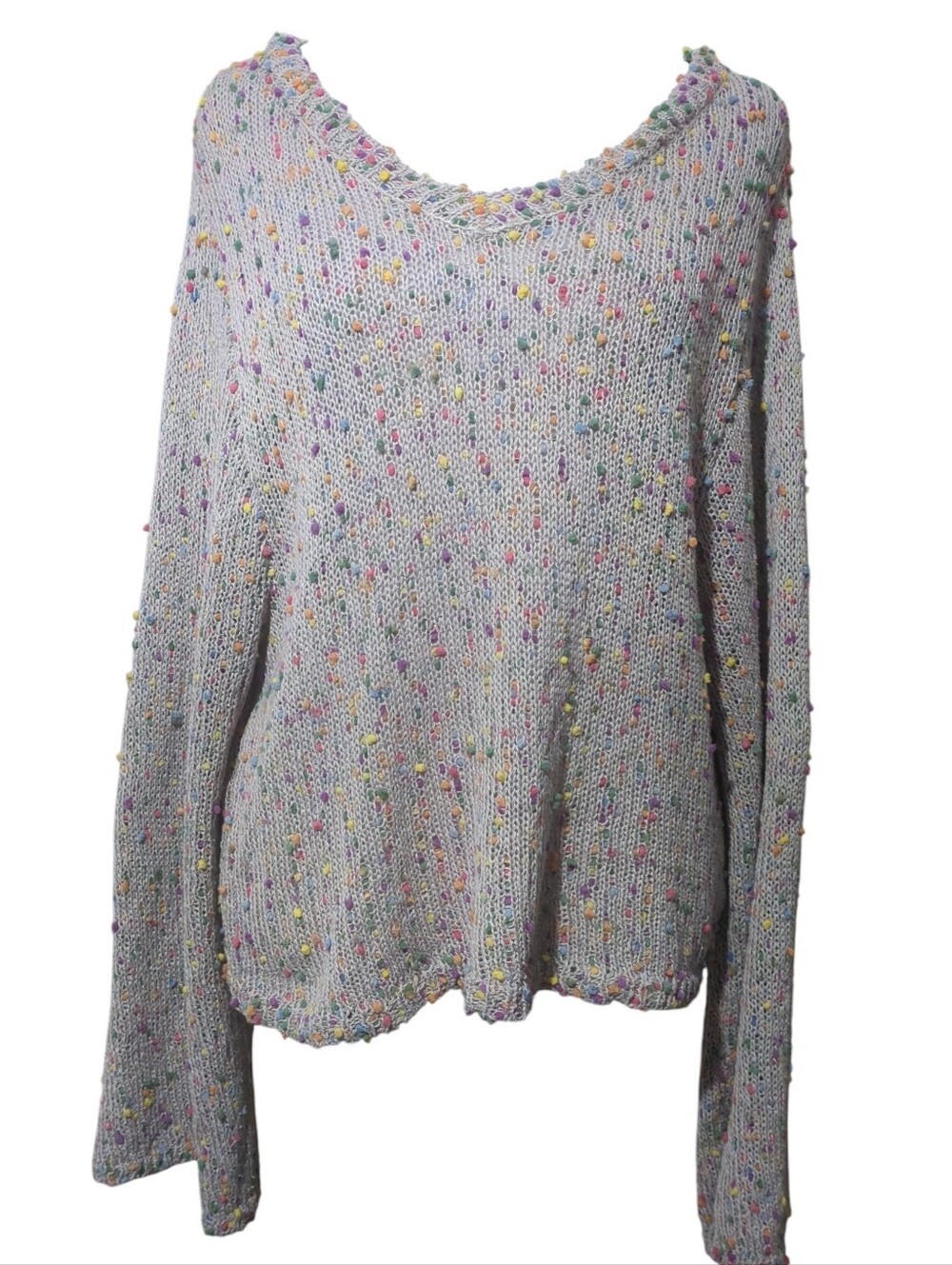 Judith March Light Gray Speckled V-Neck Sweater Wide Sleeve Size S